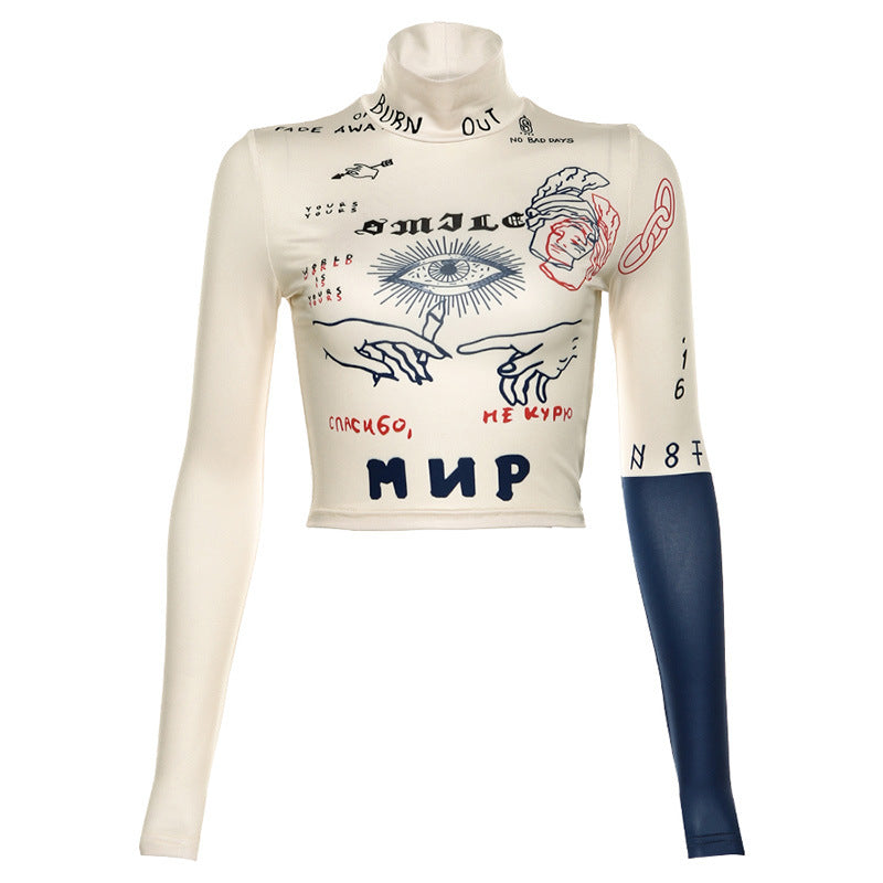 2019 Autumn Winter Women's Print Crop Top T-Shirt
