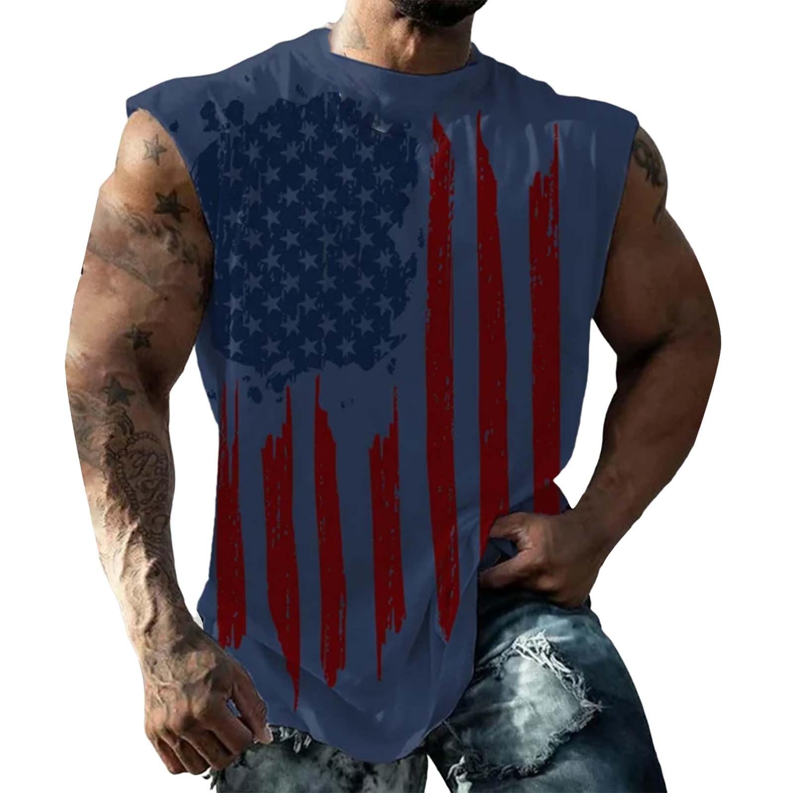 Person wearing a navy tank top with an American flag graphic