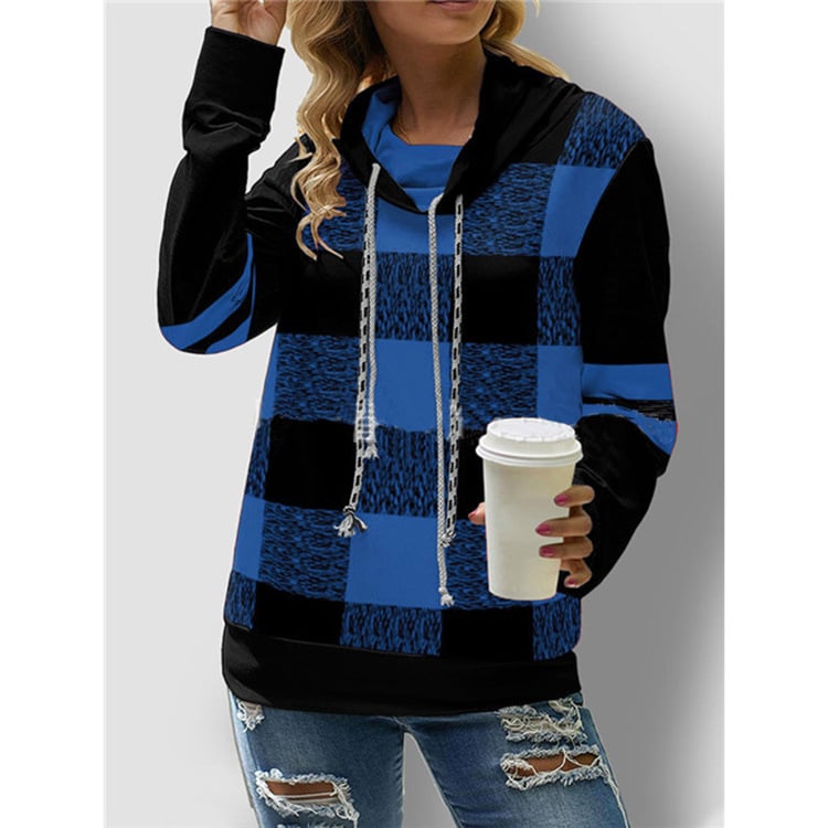 Checkered Long Sleeve Turtleneck Sweatshirt for Women