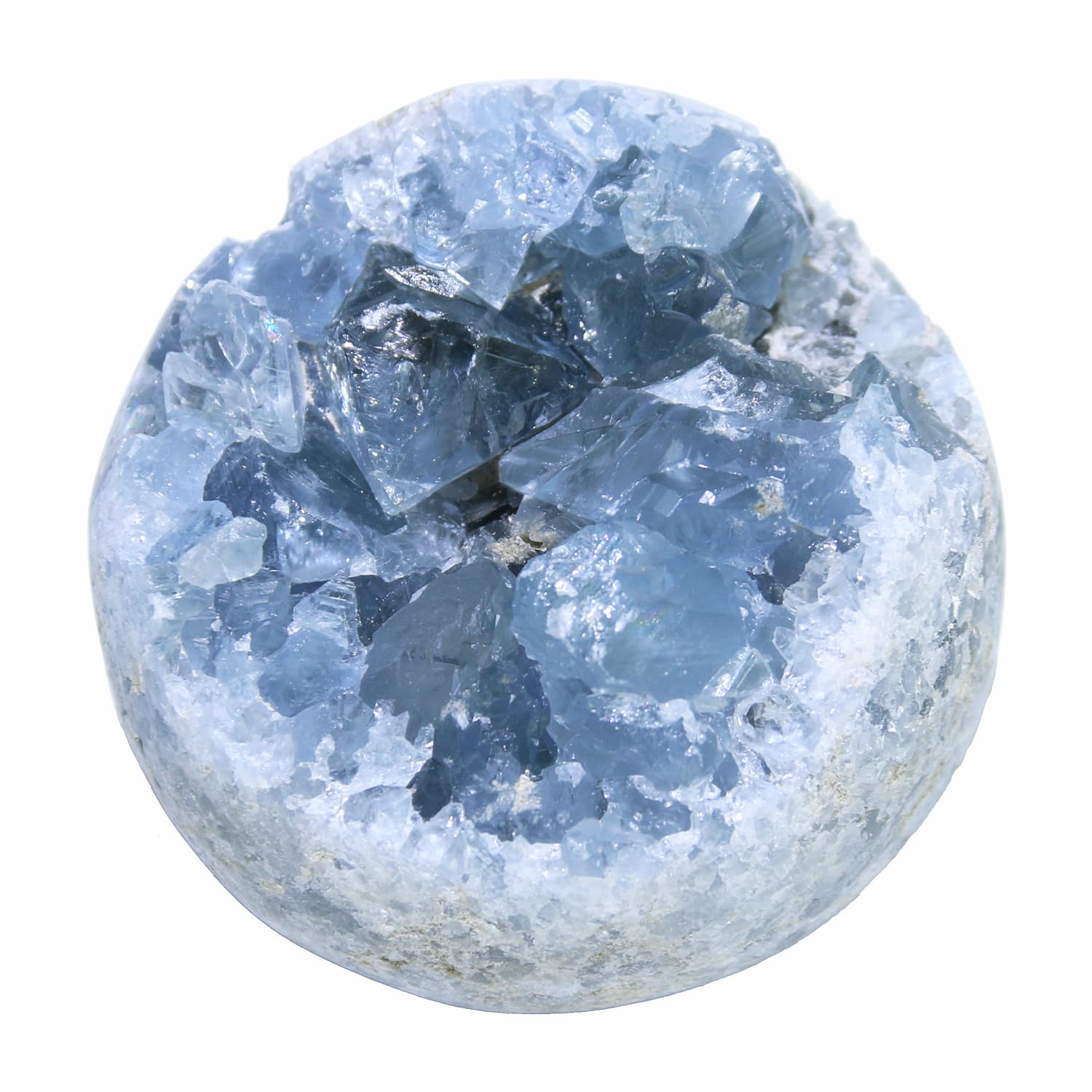 Close-up of raw blue celestite crystal cluster.