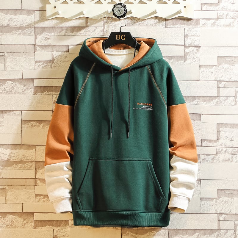 Men's Casual Hooded Pullover Sweater with Stitching