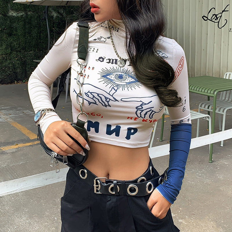 2019 Autumn Winter Women's Print Crop Top T-Shirt